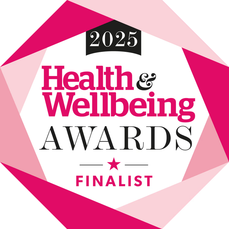 2025 Health & Wellbeing Awards Finalist badge with pink and white design.