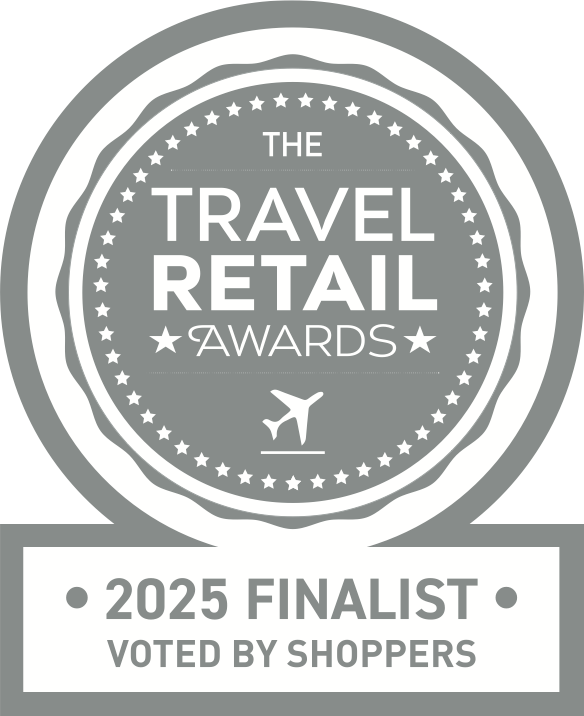 Travel Retail Awards 2025 Finalist badge with airplane icon on a gray background