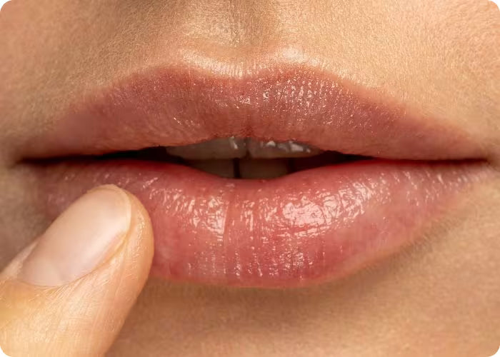 Close-up of a person's lips with a finger touching them