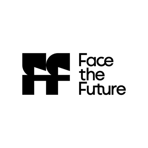 Black and white 'Face the Future' logo on a white background.