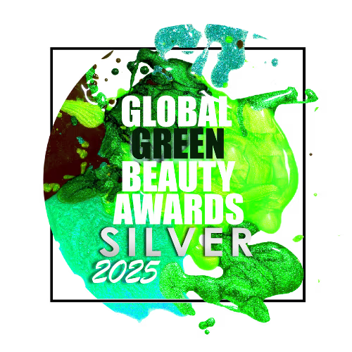 Silver award badge for Global Green Beauty Awards 2025 with green and black design.